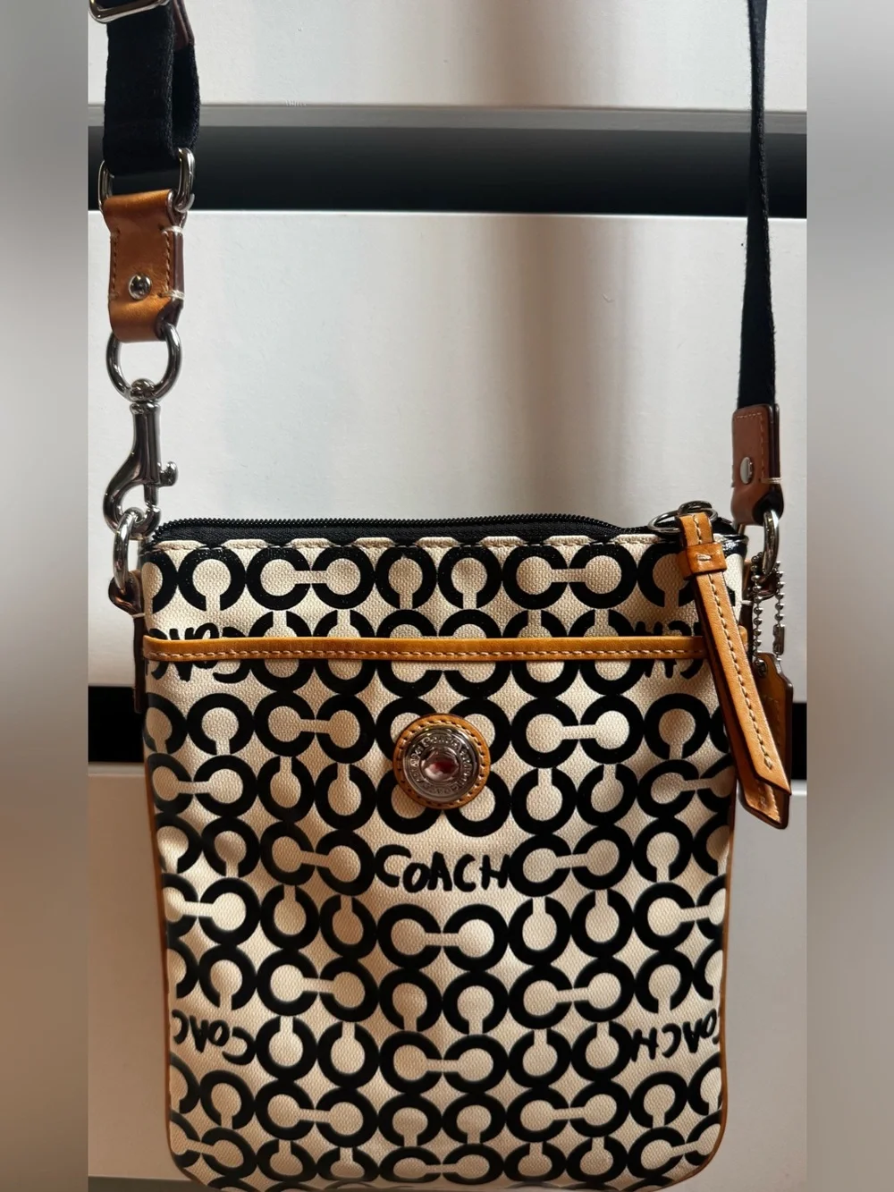Coach Swingpack Op Art Black & Cream Signature Bag with Tan Leather Accents